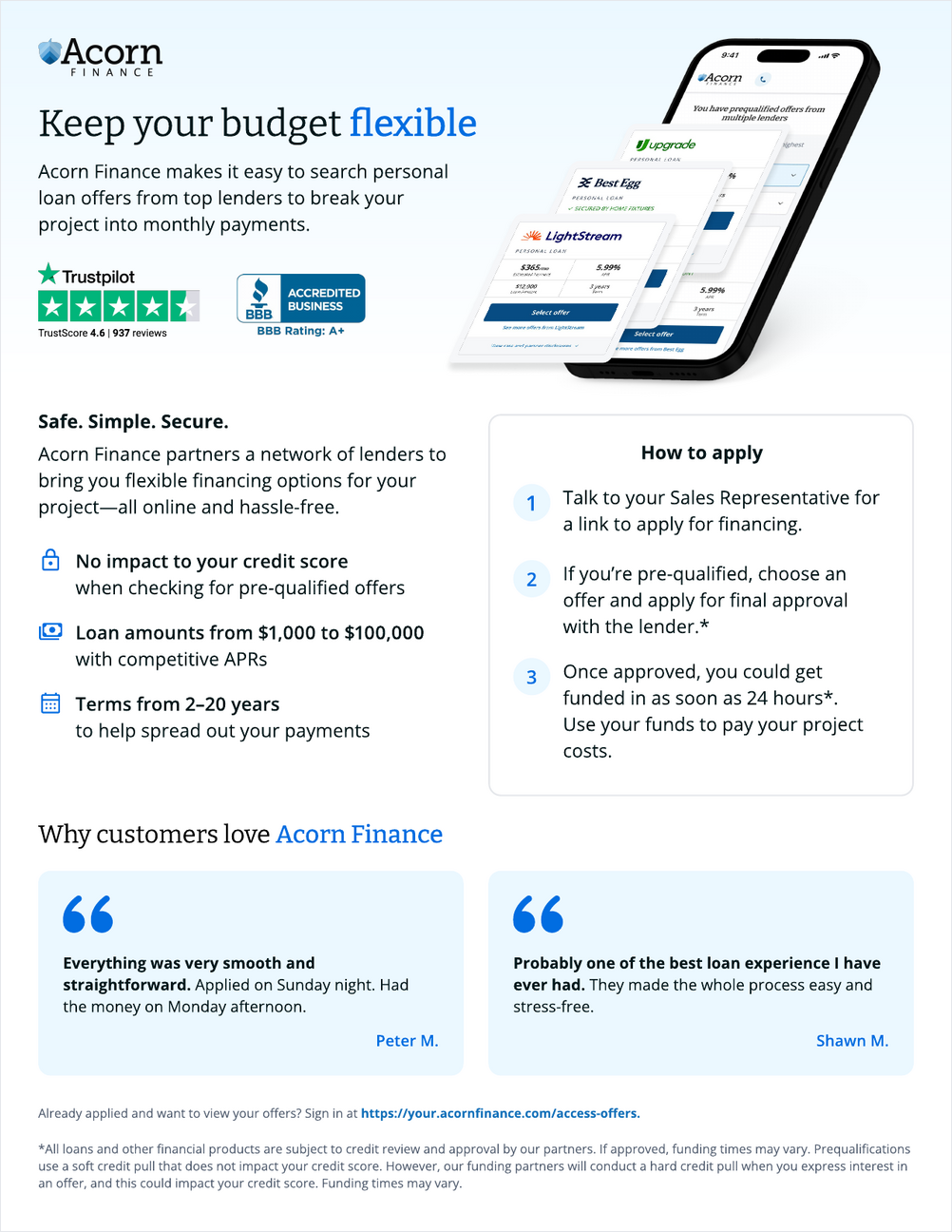 Acorn Finance customer overview — keep your budget flexible, no credit-score impact, loans $1,000 to $100,000, terms 2 to 20 years, funded in as little as 24 hours