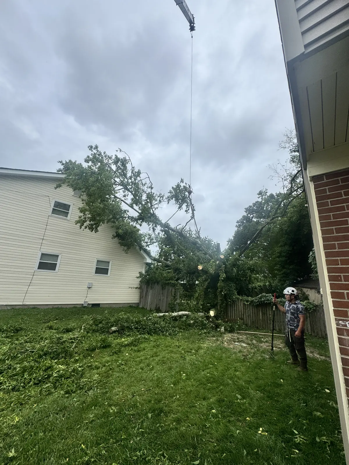 Groundman in a hard hat guiding a crane pick as the cable takes the weight of a backyard tree in Kempsville, Virginia Beach, VA