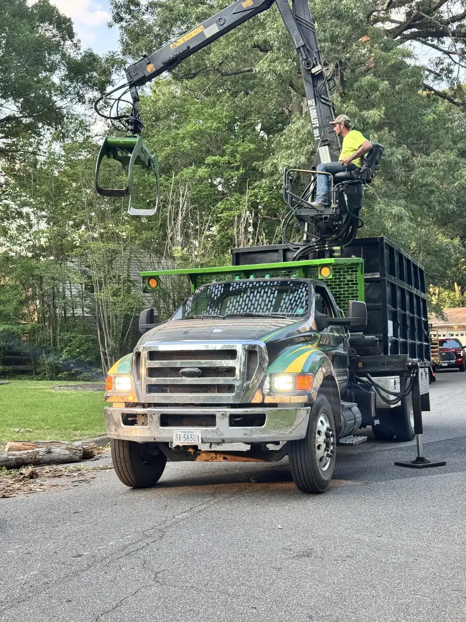 Art-is-Tree grapple truck loading logs on a Virginia Beach street