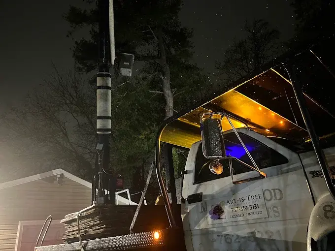 Art-is-Tree bucket truck on an after-hours storm response job at Chic's Beach, Virginia Beach, VA